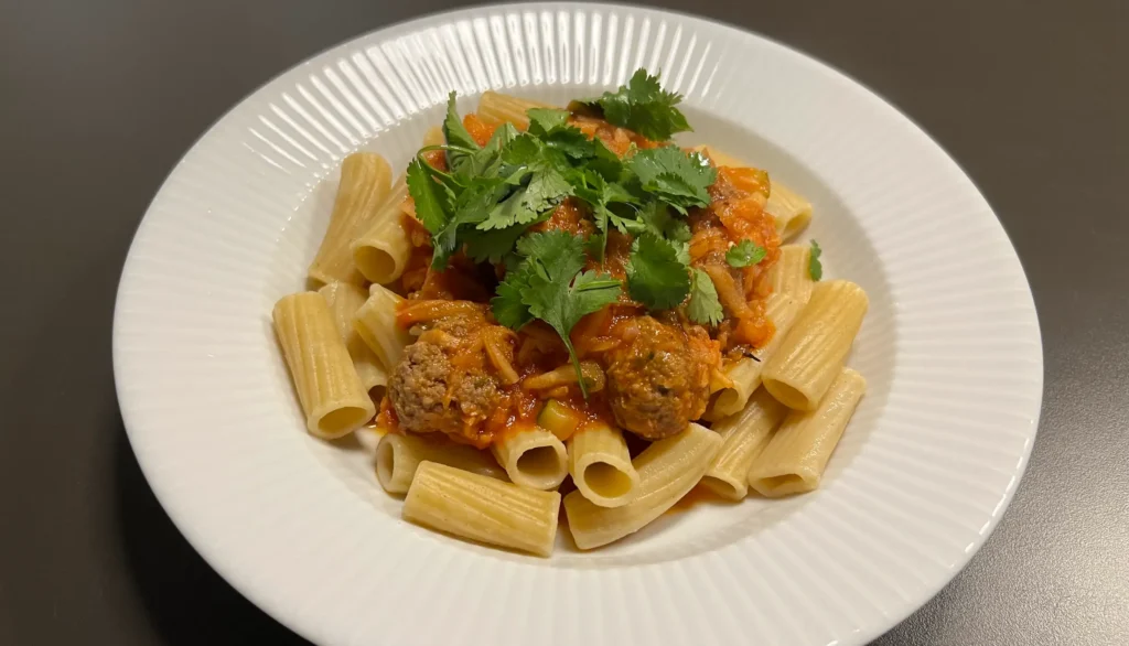 Hvid tallerken med pastaret fra Aarstiderne måltidskasse